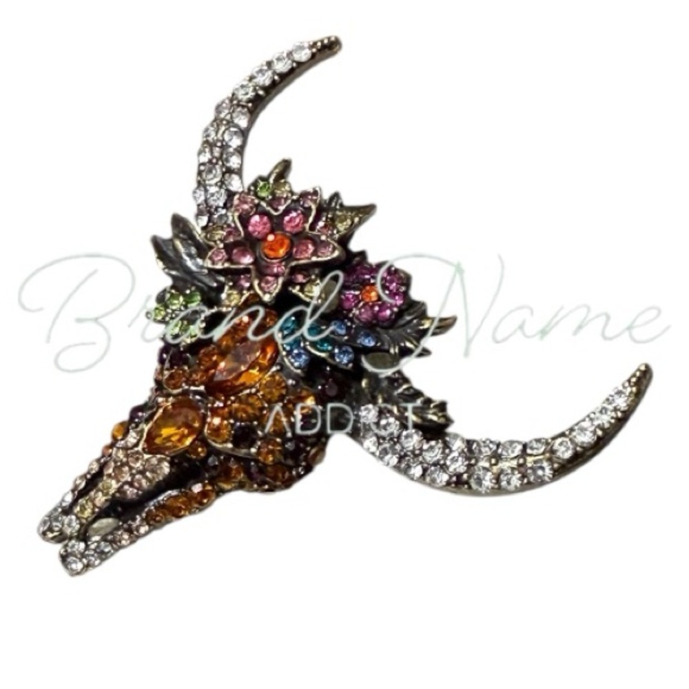 PRICE IS FIRM - Southwestern Brassy Tone Rhinestone Floral Skull Brooch - Picture 3 of 4
